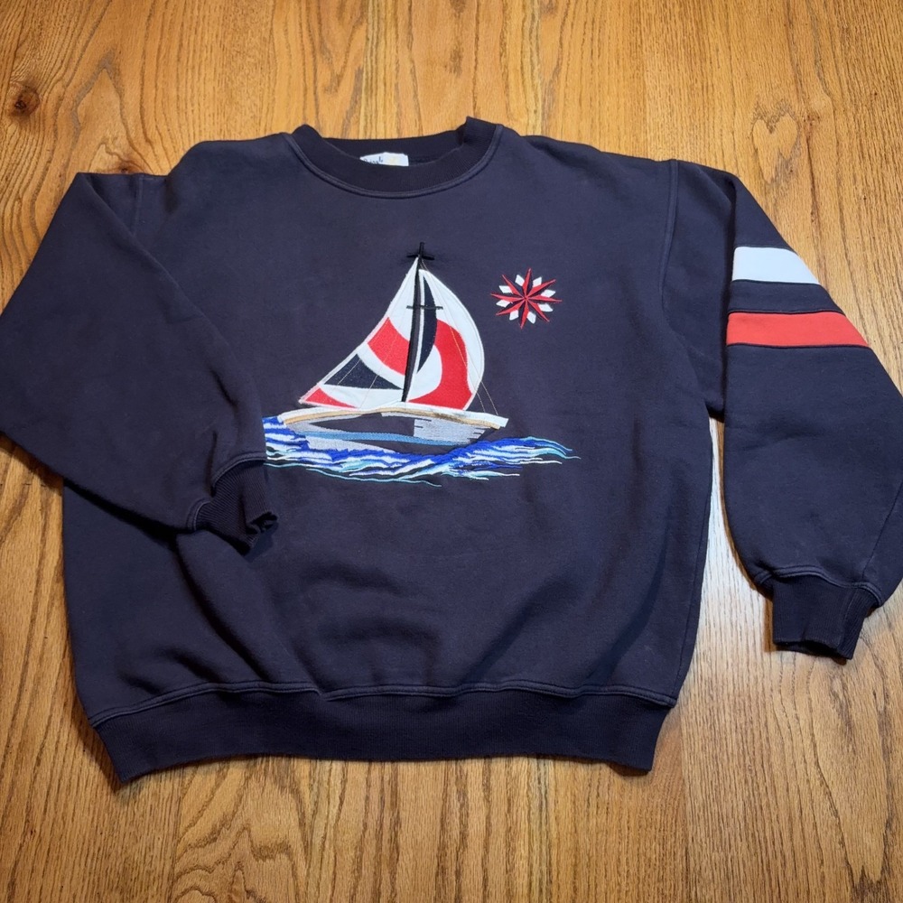 Vintage Pringle Sports Sweashirt Mens XL‎ Sailboat Embroidered Navy Faded Tag